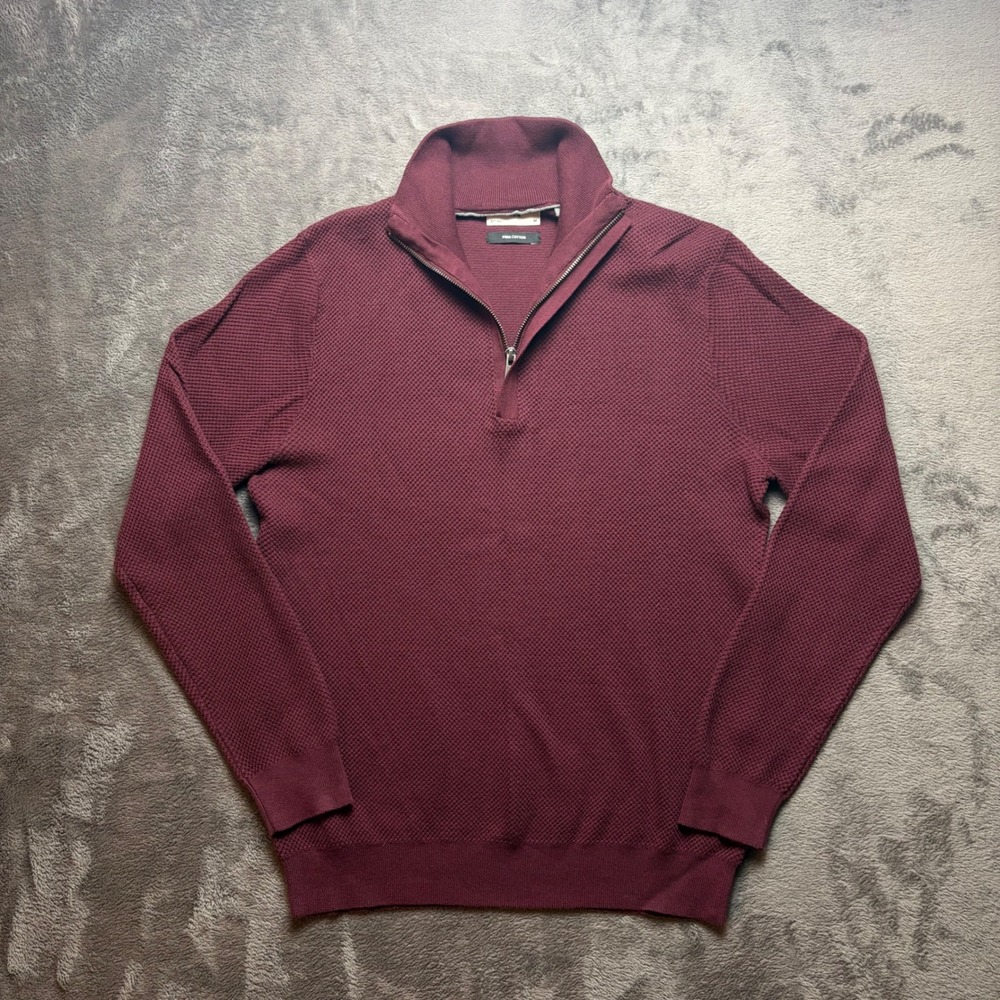 C&A Sweater Mens M Burgundy Pima Cotton Quarter Zip Textured Pullover Mock Neck